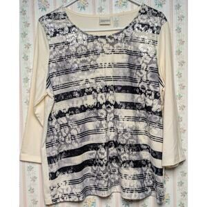 Zenergy By Chicos Metallic Graphic Top WOMENS SIZE 2 ivory Boat Neck 3/4 sleeve